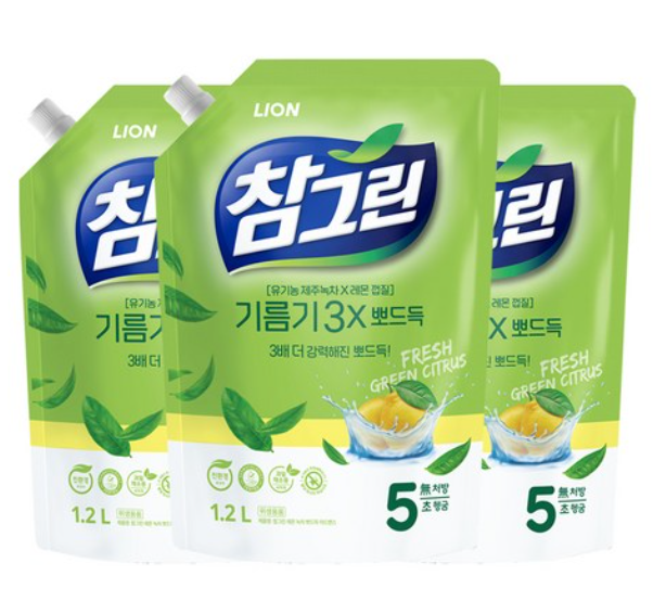 참그린 레몬 녹차 주방세제 리필 1.2L 3개